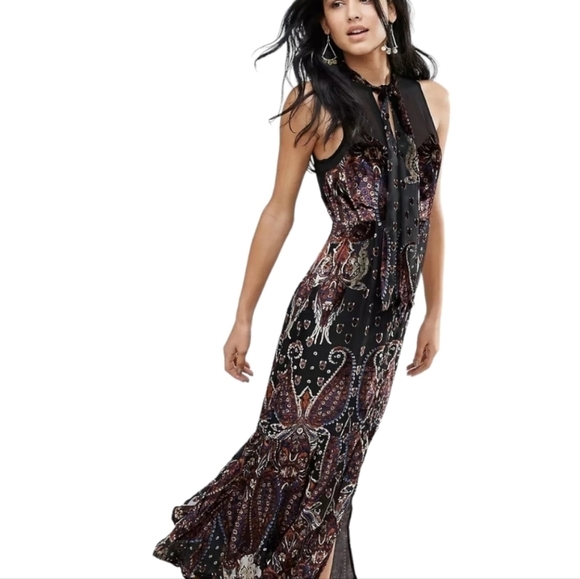 Free People Black & Brown Printed Hands To Hold Front Slit Velvet Maxi Dress-2 - Picture 2 of 12